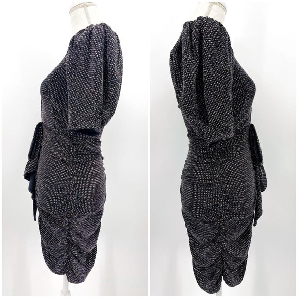 For Love & Lemons Black Margaux Glitter Deep V Ruched Mini Dress Womens M NWT - Picture 2 of 12